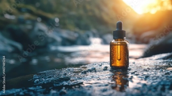 Fototapeta Blank amber dropper bottle placed on a wet rock by a river with soft sunset light, perfect for natural skincare or wellness branding.