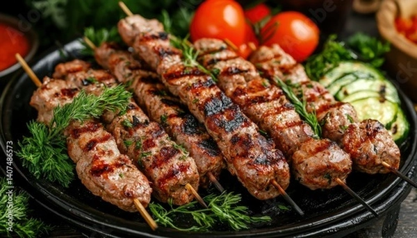 Obraz Grilled meat skewers with fresh dill, zucchini, tomatoes on dark surface