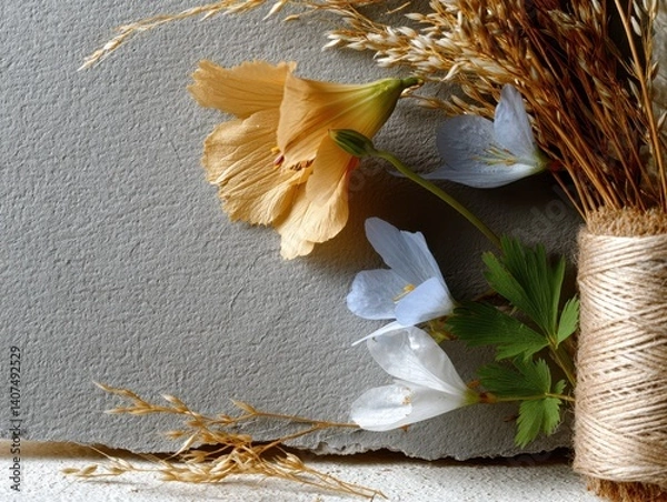 Obraz Elegant paper background showcasing beige and blue flowers with delicate strokes of white and gold, creating a serene and artistic ambiance to inspire creativity in any space