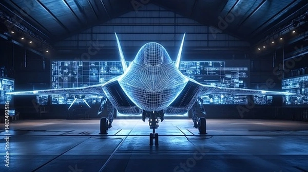 Fototapeta Holographic projection of a cutting-edge fighter jet undergoing a simulated maintenance check in a high-tech hangar, highlighting innovative digital twin technology in aviation