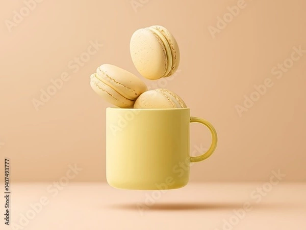 Obraz Macarons in a yellow cup, floating and clean beige background. 