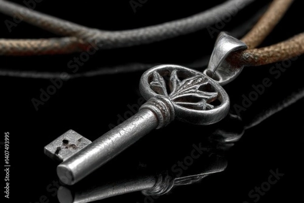 Obraz Intricate silver key pendant showcasing exquisite craftsmanship and timeless elegance against a sleek black background