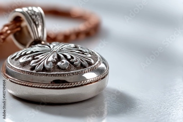 Obraz Intricate silver pendant showcases elegant craftsmanship and timeless design, highlighting delicate engravings against a minimalist background