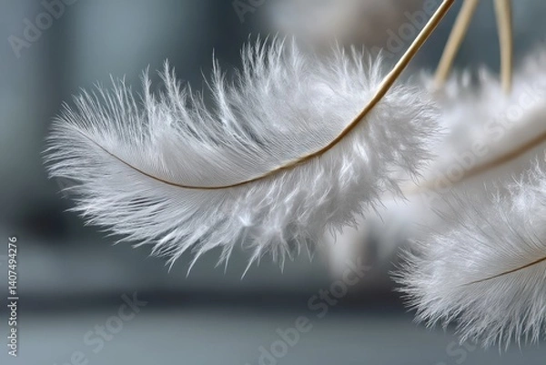 Obraz Ethereal white feather drifting gracefully through serene air, capturing the essence of tranquility and lightness in a minimalist backdrop