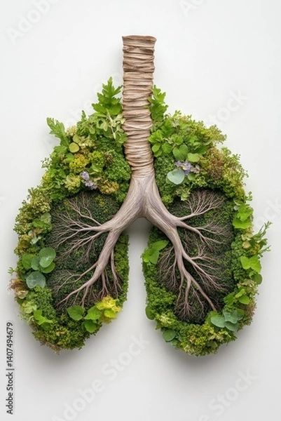 Obraz A creative representation of nature breathing life as lungs, symbolizing the harmony between trees and human vitality on a pristine white backdrop