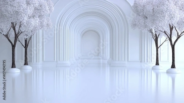 Obraz Stunning white architectural photo zone with elegant arches and artificial trees creating a serene atmosphere