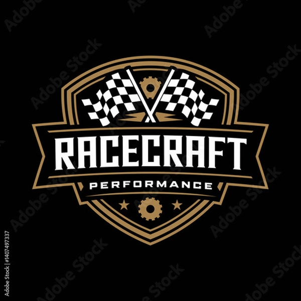 Fototapeta Bold shield shaped Racecraft logo with checkered flags and white Performance text for racing brands
