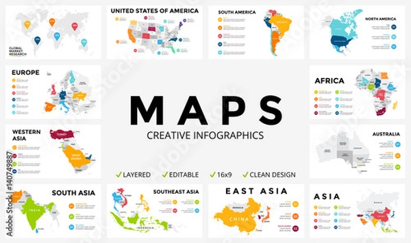Obraz Plansza mapy wektorowej. Prezentacja slajdów. Koncepcja marketingu globalnego biznesu. Kolor kraju. Dane geograficzne transportu świata. Szablon statystyki gospodarczej. Świat, Ameryka, Afryka, Europa, Azja