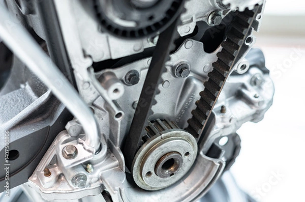 Fototapeta Photo of a timing belt and pump on a machine engine. New timing belt with rollers installed on the old engine in a car workshop.