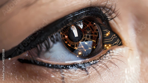 Obraz Eyes closeup with digital enhancements. Futuristic tech meets human vision in amber tones.