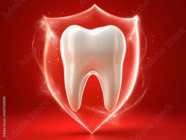 Obraz A high-quality 3D rendering of a shiny white tooth enveloped in a glowing, translucent energy shield on a vibrant red background. The light effects emphasize dental protection, health, and cleanliness