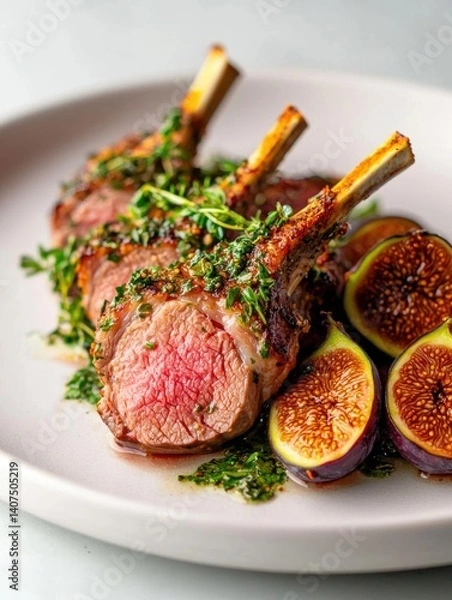 Fototapeta Plate of food, specifically a rack of lamb chops. the lamb chops are cooked to a golden brown color and are garnished with fresh herbs and sliced figs.