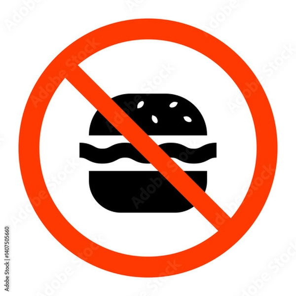 Fototapeta Sign prohibited with food for public places. Silhouette burger, red circle. Vector illustration.