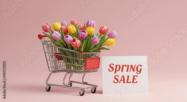 Fototapeta Tulips in shopping cart with spring sale sign