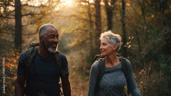 Obraz A middle-aged couple walks hand in hand along a forest trail, sharing smiles as sunlight pours through the trees. They are engaged in a leisurely hike, surrounded by nature