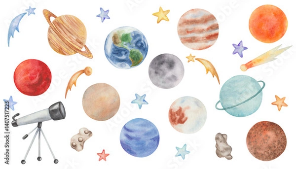 Obraz Watercolor illustration. Set of planets and telescope. Hand painted Solar system with star Sun, satellite Moon. Mercury, Venus, Earth, Mars, Jupiter, Saturn, Uranus, Neptune, Pluto. Comets, meteorite