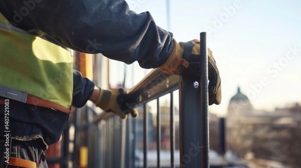 Fototapeta Construction worker installing a steel railing for safety. Featuring attention to detail and security