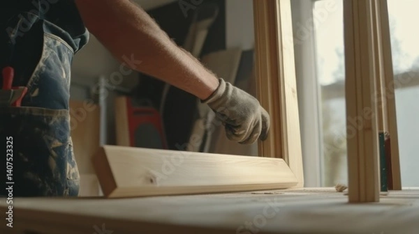 Fototapeta Construction worker installing a wooden door frame. Featuring craftsmanship and attention to detail