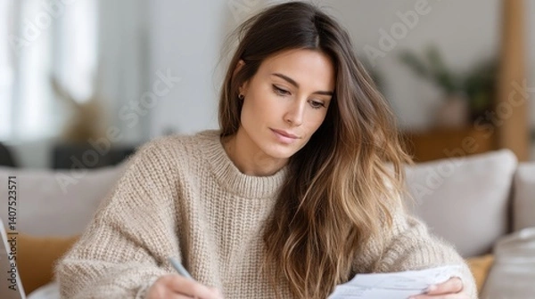 Fototapeta Financial planning retirement spreadsheet Woman in a cozy sweater focusing on notes at home, conveying concentration and warmth.
