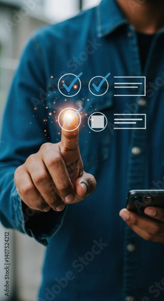 Fototapeta  Digital Checklist: Man Taps To-Do List on Phone - Productivity, App, Success, Tasks, Business, Mobile