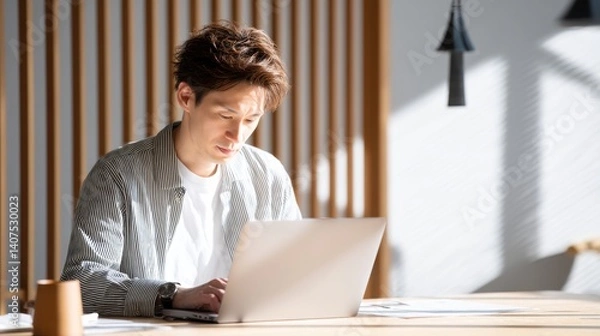 Fototapeta Financial planning retirement spreadsheet Focused man working on a laptop in a well-lit, modern workspace.