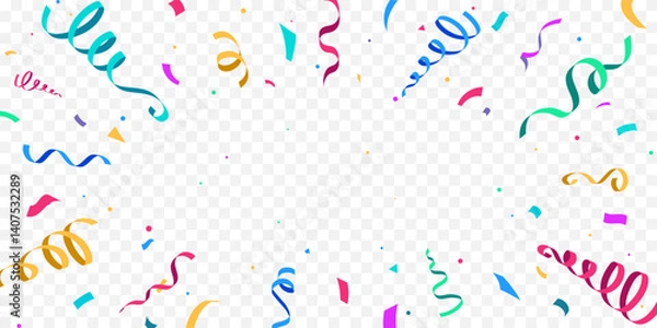 Fototapeta Festive colorful confetti and ribbons on transparent background, party and celebration decoration. Birthday, Holiday, New Year, Carnival festivity, confetti,