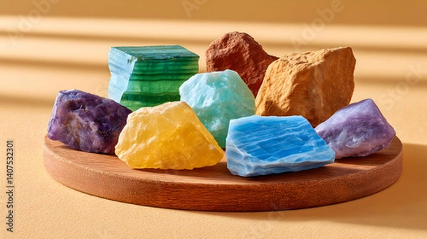 Fototapeta Assorted colorful gemstones on wooden display
