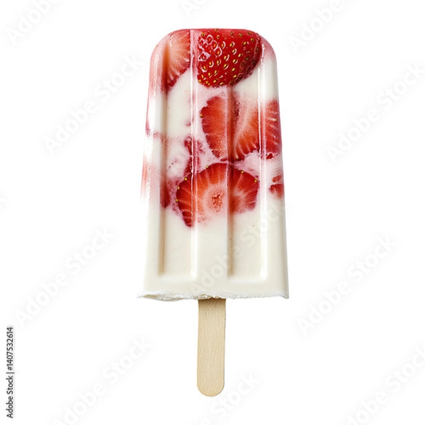 Obraz Strawberry Swirl Popsicle with Fresh Fruit Pieces Isolated on Transparent Background,Creamy Strawberry Popsicle with Fresh Fruit,frozen strawberry and cream popsicle,Strawberry Swirl Popsicles