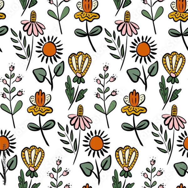 Fototapeta Hand-drawn floral seamless pattern with whimsical colorful flowers and green leaves in a playful doodle style, ideal for spring textiles, wallpapers, wrapping paper, and kids fabric designs