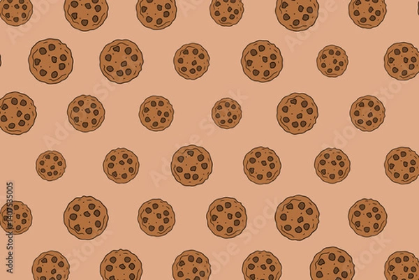 Fototapeta Vector illustration cute seamless pattern, background with chocolate chip cookie. Freshly baked choco cookie icon. Food pattern