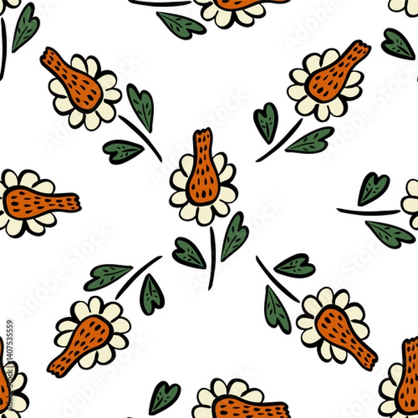 Fototapeta Seamless floral pattern with whimsical hand-drawn flowers and green leaves on a white background, perfect for fabric, wallpaper, stationery, kids products, and creative decorative projects