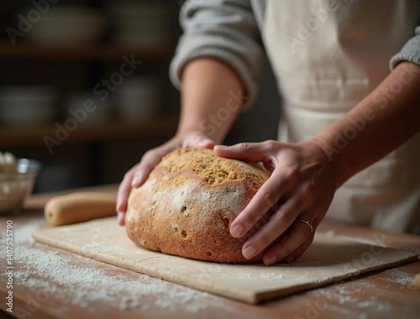 Obraz Baker with freshly baked bread. Bakery background