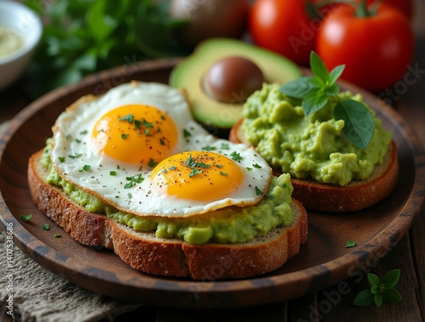 Obraz Healthy avocado toasts for breakfast with rye bread, avocado puree toast and fried eggs on wooden table