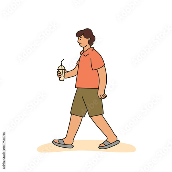 Fototapeta A young man in summer fashionable clothes is walking and holding a cooling drink. Flat vector illustration on white background