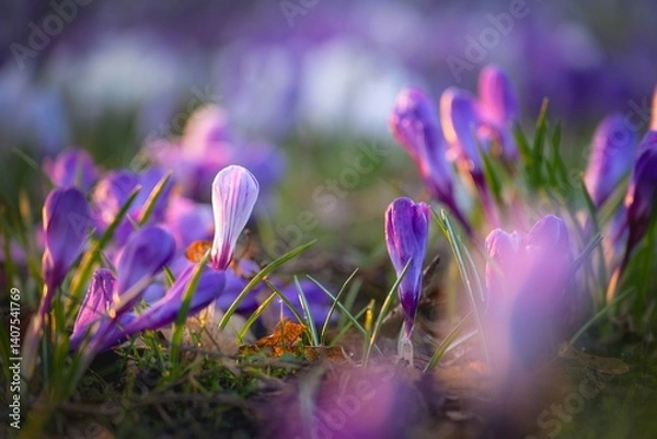 Fototapeta Purple crocuses blooming in early spring, captured in warm golden hour light.