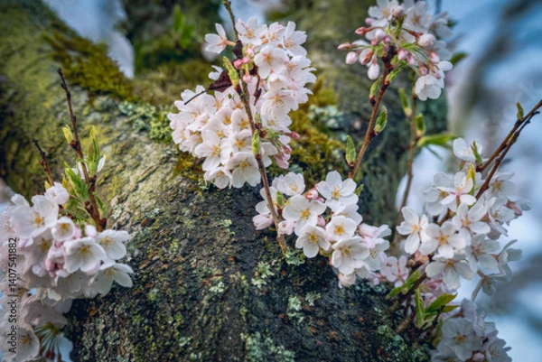 Fototapeta Close-up of cherry blossoms blooming on a tree branch with natural textures.