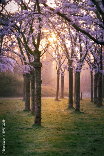 Fototapeta Cherry blossom trees in full bloom at sunrise, casting long shadows in a tranquil park.