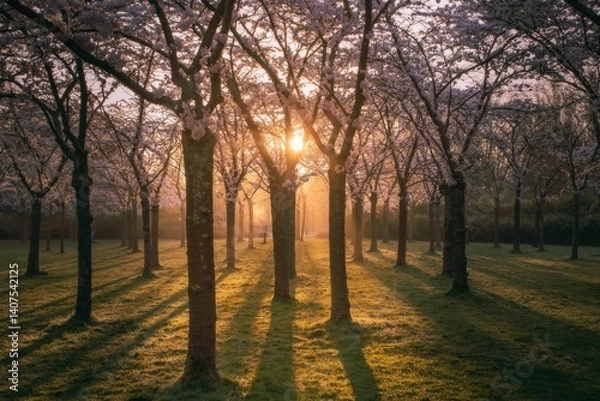 Fototapeta Rows of cherry blossom trees glowing in the golden morning sun, springtime atmosphere