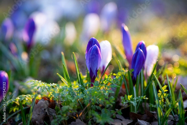 Fototapeta Violet and white crocuses emerging from forest ground in early spring sunshine.