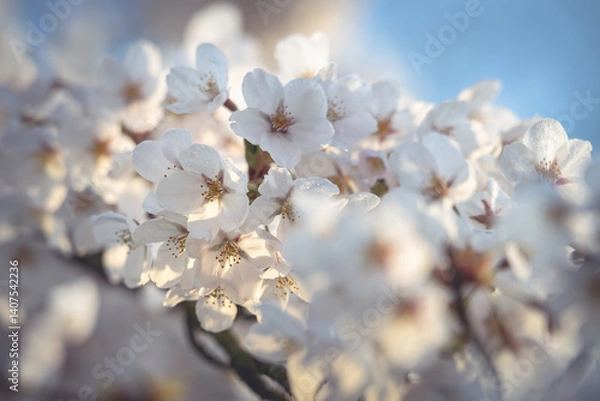 Fototapeta Close-up of delicate cherry blossoms with dewdrops on petals, captured in soft morning light.