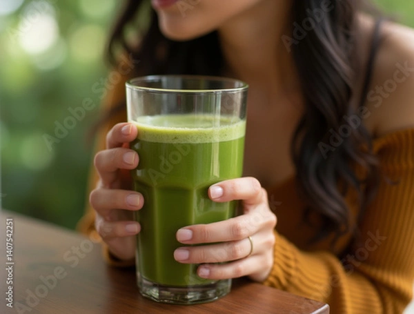 Obraz Woman drink healthy green smoothie made with fresh ingredients. Vegan and nutritious breakfast concept