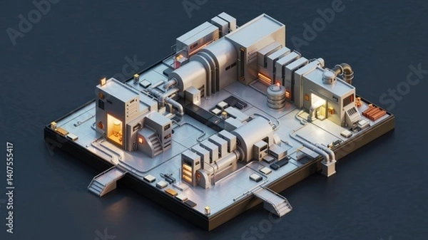 Fototapeta A detailed isometric view of a modern industrial facility, featuring machinery, pipes, and various processing units in a clean and organized layout.