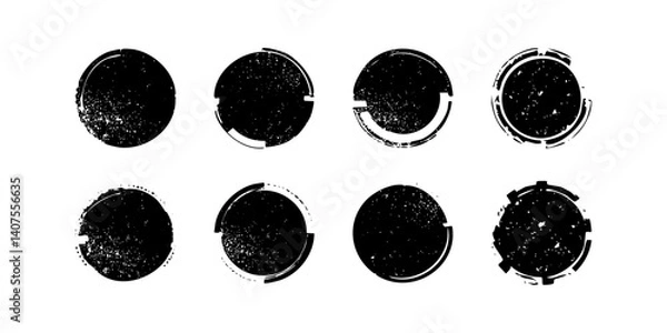 Fototapeta Black grunge shapes elements with scratches and abrasions. Tech circle shape.