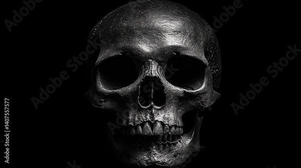 Obraz Dark metallic human skull on black background with dramatic lighting