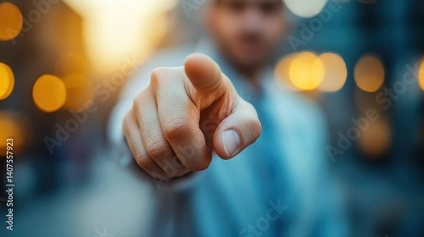 Obraz Blurred background with outstretched hand pointing forward at sunset