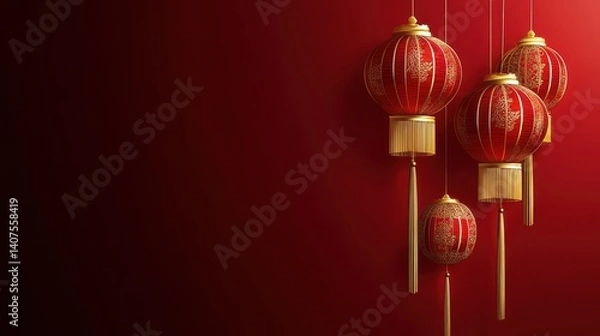 Obraz Elegant red lanterns on deep red background for lunar new year celebration