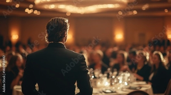 Obraz Young caucasian male speaker addressing audience in formal event setting with chandelier lighting