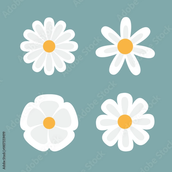Obraz White chamomile icon. Daisy Camomile set. Cute round flower head plant collection. Double petal. Love card symbol. Growing concept. Simple flat design. Childish style. Blue background. Vector