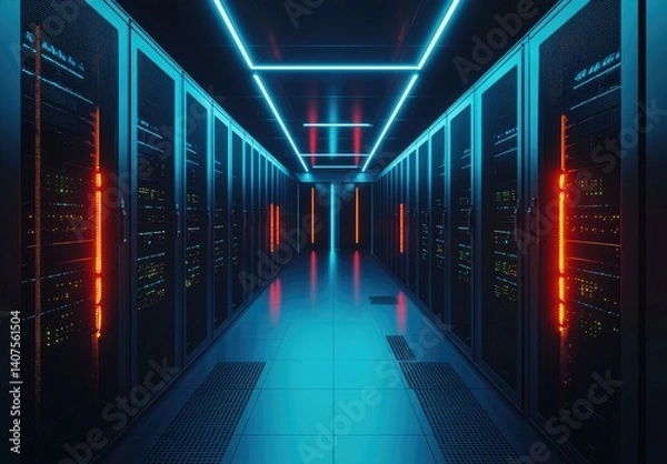 Obraz Futuristic server corridor with blue and red neon lighting, symmetrical racks, and modern reflective flooring. Ideal for cybersecurity, AI, and tech infrastructure visuals