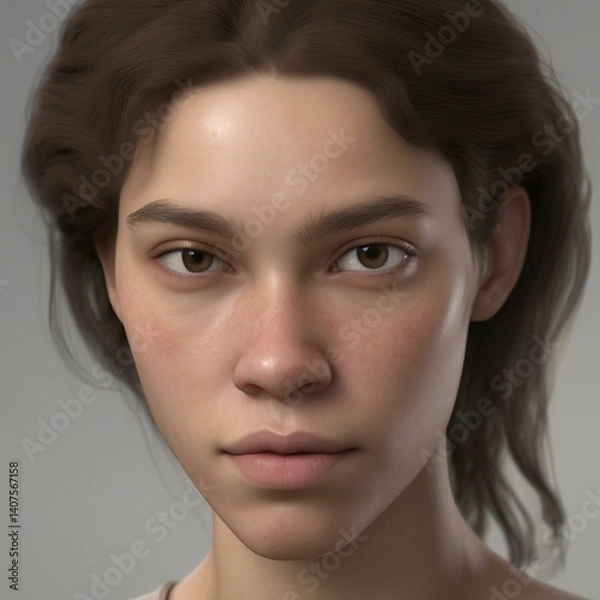 Fototapeta A highly detailed, hyper-realistic close-up portrait of an AI-generated human face. This digital artwork features lifelike skin textures, expressive eyes, and natural lighting.